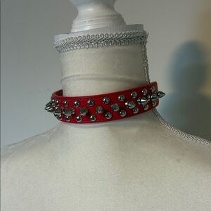Adjustable Red Leather Spiked Choker Necklace
